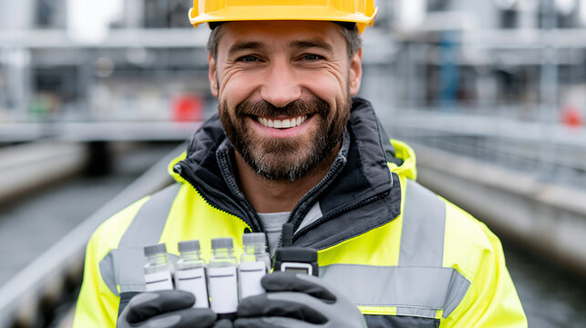 A realistic commercial stock photo of a professional male chemical engineer analyzing effluent discharge samples at industrial outfall monitoring point, safety helmet gloves and pl