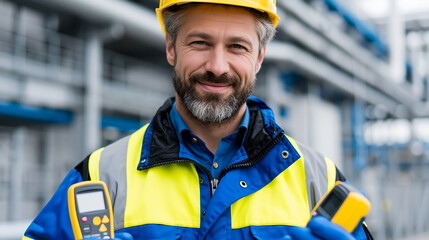 Fototapeta premium A realistic commercial stock photo of a professional male radiation protection officer monitoring contamination levels at nuclear facility perimeter, safety helmet gloves and plain