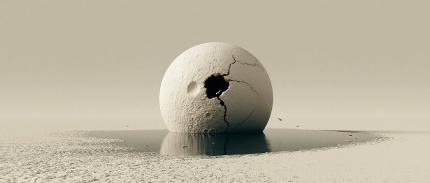 A gigantic cracked porcelain moon resting in a shallow mirror like pool