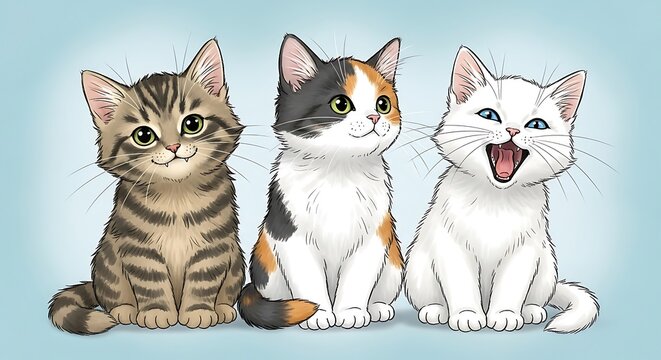 Three adorable tabby kittens sitting together outdoors.