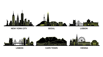 Naklejka premium Minimal World City Skyline Icon Collection Featuring New York Seoul Lisbon Cape Town and Vienna Vector Set