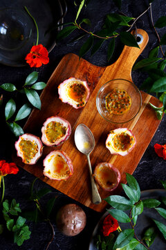 Australian Black Passionfruit (Passiflora Edulis) is a popular fruit known for its sweet, aromatic pulp and unique, vibrant flavour. The versatile pulp adds a tropical touch to various dishes