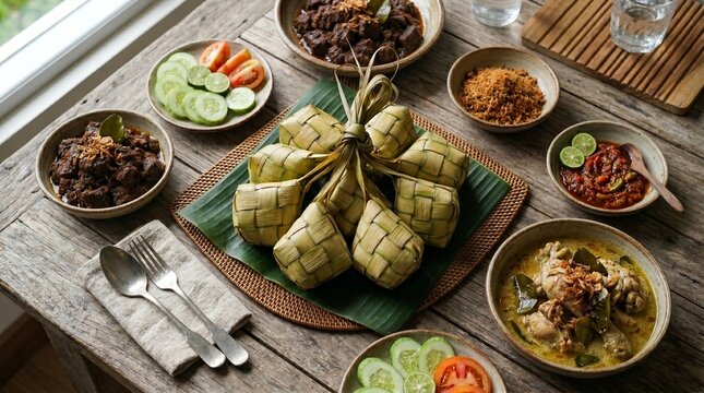 A beautiful high-angle shot of traditional Indonesian Eid festive dishes featuring ketupat rice cakes, rich beef rendang, savory chicken opor ayam, and condiments on a rustic wooden dining table.