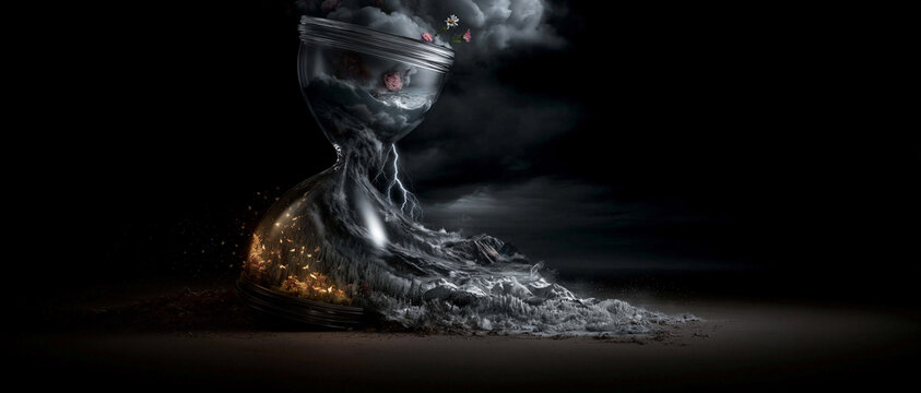 A gigantic transparent hourglass suspended in an endless matte ivory void