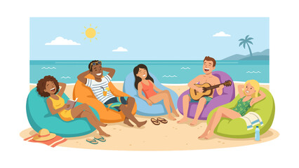 Obraz premium Beachside Bliss: A group of diverse friends enjoys a vibrant beach day, lounging on beanbags by the turquoise ocean, sharing laughter and music under the bright sun.