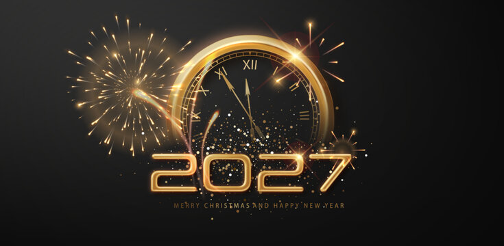Elegant New Year 2027 countdown background with fireworks and shimmering gold sparkles. Festive dark design with glowing glitter lights