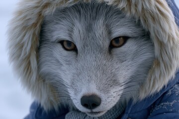 Naklejka premium Close-up portrait of an arctic fox wearing a blue winter coat with a fur-lined hood.