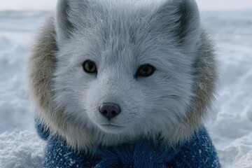 Naklejka premium Close-up portrait of a cute arctic fox wearing a blue knitted sweater in a snowy winter landscape.