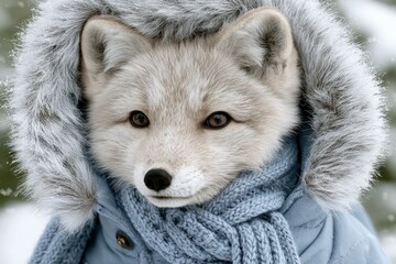 Obraz premium Adorable Arctic fox cub wearing a cozy blue scarf and fur-lined hood in winter snow.