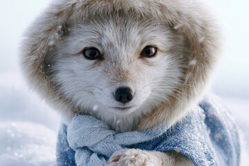 Obraz premium Adorable arctic fox cub wearing a cozy blue knitted scarf and fur-lined hood in winter snow.