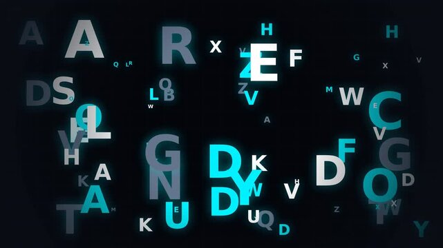 Dynamic animation of floating alphabet letters in vibrant blue and black colors for creative design and digital art projects.