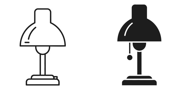 Desk lamp icon with pull chain in outline and solid black silhouette on white background