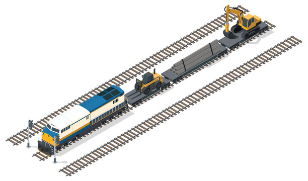 Freight train with construction vehicle on flatbed car