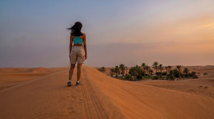 Obraz premium Rear view of a female traveler admiring a sweeping, arid desert landscape from atop a golden sand dune at twilight. Adventure travel concept.