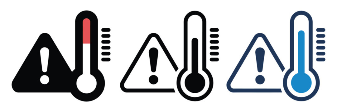 Warning heat icons with thermometers for temperature alerts, high temperature warning icon vector isolated on white background for climate safety graphics, weather notifications, and heat hazard 