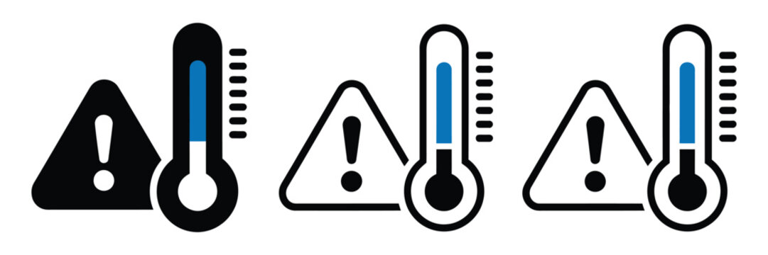 Warning heat icons with thermometers for temperature alerts, high temperature warning icon vector isolated with modern flat style for seasonal weather applications, safety signs, and industrial temper