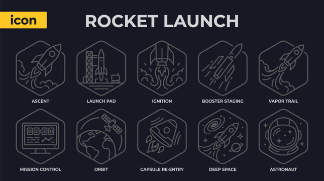Rocket Launch Icon Set Illustrating Space Mission Process and Stages