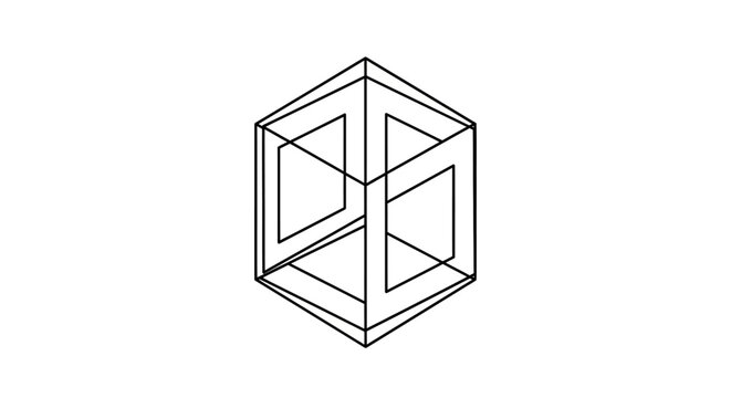Abstract impossible cube optical illusion vector line art drawing. Minimalist geometric 3D wireframe shape on white background.