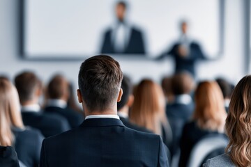 Obraz premium Audience members in suits attend a business conference, listening to a speaker on stage.
