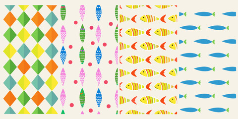 Colorful Fish And Diamond Pattern Flat Vector Illustration © Milton