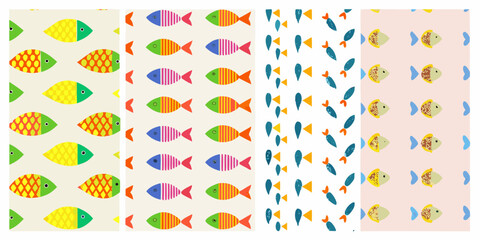 Colorful Fish Patterns Four Seamless Vector Illustrations On Light Backgrounds © Milton