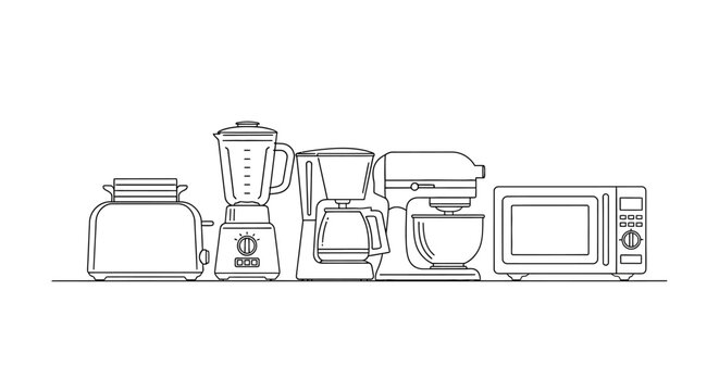 Essential Kitchen Appliances Line Art Vector Icons: Toaster, Blender, Coffee Maker, Stand Mixer, Microwave Oven Set