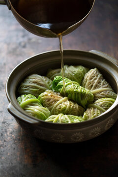 Stuffed cabbage rolls in a savory broth