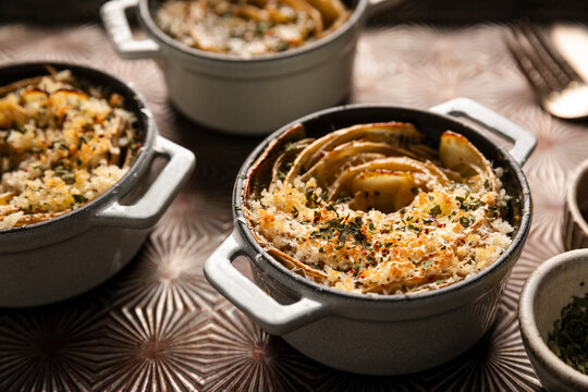 ndividual scalloped potatoes baked in small casserole dishes