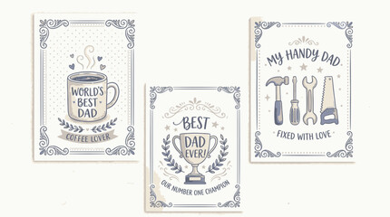 Obraz premium Three Father's Day Cards Featuring Different Themes: Coffee Lover, Trophy Winner, and Handy Dad.
