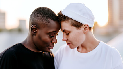 Fototapeta premium Diverse interracial couple touching foreheads outdoors at golden hour, sharing a tender intimate moment of love, trust and connection. Perfect for modern lifestyle, diversity and dating projects.