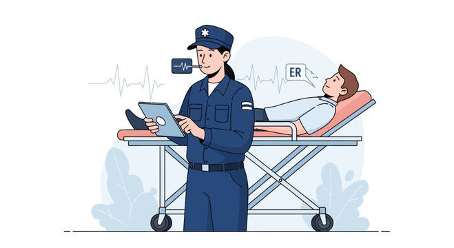 Paramedic tending to patient on gurney with ECG monitor in ER setting