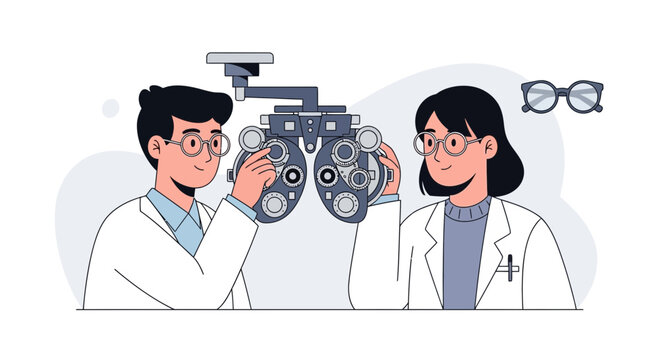 Optometrists Examining Eyes with Eye Chart Machine, Vision Check