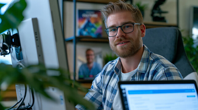 Remote-first hiring manager video interviewing engineering candidate on large desktop monitor, distributed team culture handbook visible on shelf behind, asynchronous onboarding checklist open in fo