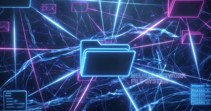 Abstract digital neural network file system with glowing neon folders and interconnected data nodes in a futuristic cyberspace environment.