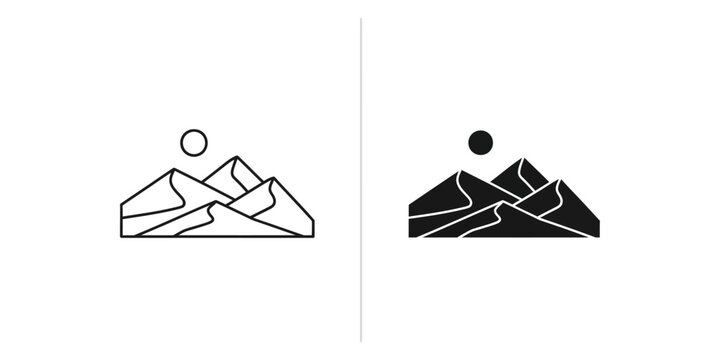 Stylized desert dunes with sun icon in line art and solid fill styles