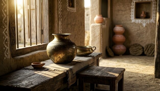 Vintage Indian brass lota vessel placed on a rustic wooden bench near a window in a traditional mud house