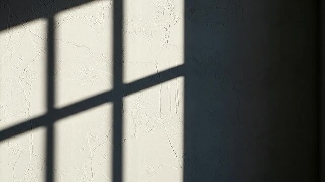 A sharp window frame shadow cast upon a textured white interior wall surface