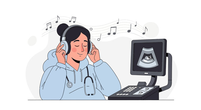 Medical Professional Listening Music During Ultrasound Scan