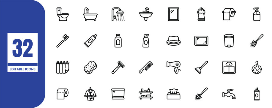 Editable bathroom icons set including toilet shower sink and hygiene products.