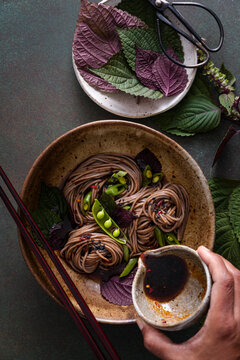 old soba noodles with shiso leaves, snap peas, and soy dressing