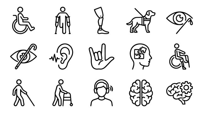 Disability and accessibility line icons set on white background