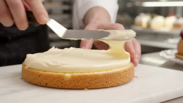Professional pastry chef spreading cream frosting on a sponge cake layer with an offset spatula in a commercial kitchen