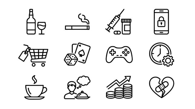 Set of outline icons related to addiction and compulsive habits
