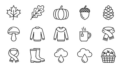Autumn outline icon set with leaves pumpkin acorn and clothing © Alan