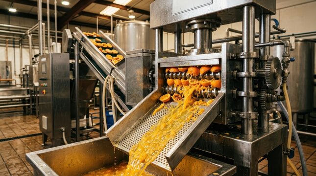 Industrial orange juice extraction machine in a food processing factory