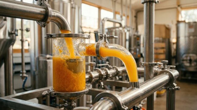 Industrial orange juice processing equipment in a food production facility