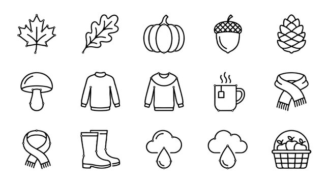 Autumn outline icon set with leaves pumpkin acorn and clothing