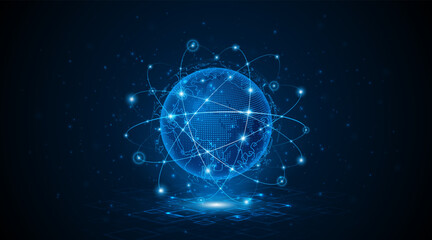 Global digital network connection with glowing blue globe and circuit board lines. High-tech futuristic communication, cloud computing, and big data transfer concept for internet infrastructure. © Natt