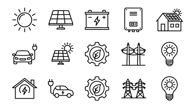 Solar energy outline icon set with panels, battery and home