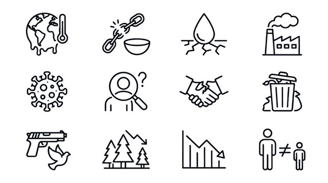 Outline icon set of global issues and social problems